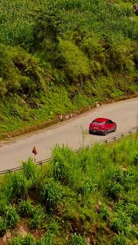 The video shows a winding mountain road surrounded by lush green vegetation. Initially, a red car is seen driving on the road. Later, several motorcycles navigate the curves of the road. A truck is also seen traveling along the road. The environment is heavily forested, with the road cutting through the landscape.