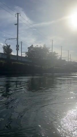 The video shows a body of water with ripples on its surface. In the background, a train is visible passing by, alongside trees and utility poles with overhead wires. The sun is shining brightly in the sky, casting a glare on the water and creating a hazy effect in the distance.