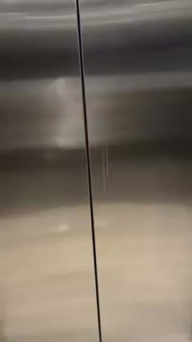 The video shows an elevator door opening to reveal a room. The elevator has stainless steel doors with a black vertical seam where they meet. The room has light wood-look flooring and white walls with gray trim and square panels. There is a blue sign with white text and numbers above a light switch on the wall. A thin wire is visible on the floor near the threshold of the elevator.