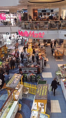 Temporary market operates inside Warsaw shopping mall