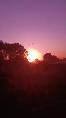 A vertical video begins with a view of a sunset. The sun is a bright light behind trees, casting rays of light. The sky is a gradient of pink and purple. In the foreground, there is a rocky area and a street lamp. The video pans to the left, showing more trees and a road. The sun is still visible through the trees. The sky remains pink and purple. The video continues to pan, showing more trees and a road. The sun is setting lower, and the colors in the sky are deepening. The video ends with a view of trees against the colorful sky.
