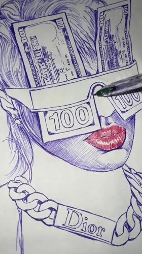 Pen and ink portrait featuring dollar bill sunglasses and Dior chain