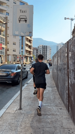 Morning scenes around Budva: jogging, a Ferrari, and card games