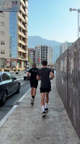 Morning scenes around Budva: jogging, a Ferrari, and card games
