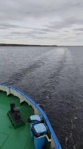 The video shows the view from the back of a green boat moving on a body of water, possibly a lake or wide river. The water is dark, and the wake of the boat is clearly visible as a frothy trail extending towards the horizon. The sky is overcast with gray clouds. The opposite shore is visible as a flat line of trees in the distance. The boat has a blue trim and some black and blue equipment on the deck.