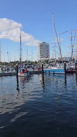 The video captures a serene harbor scene under a clear blue sky with a few scattered clouds. Several sailboats and larger sailing vessels are docked, their masts creating a striking silhouette against the sky. In the background, a tall, modern building stands out, adorned with the German flag. The water in the foreground reflects the sky and the docked boats, creating a peaceful and picturesque atmosphere. There are no discernible individuals or specific actions taking place, making it a static yet beautiful depiction of a harbor.