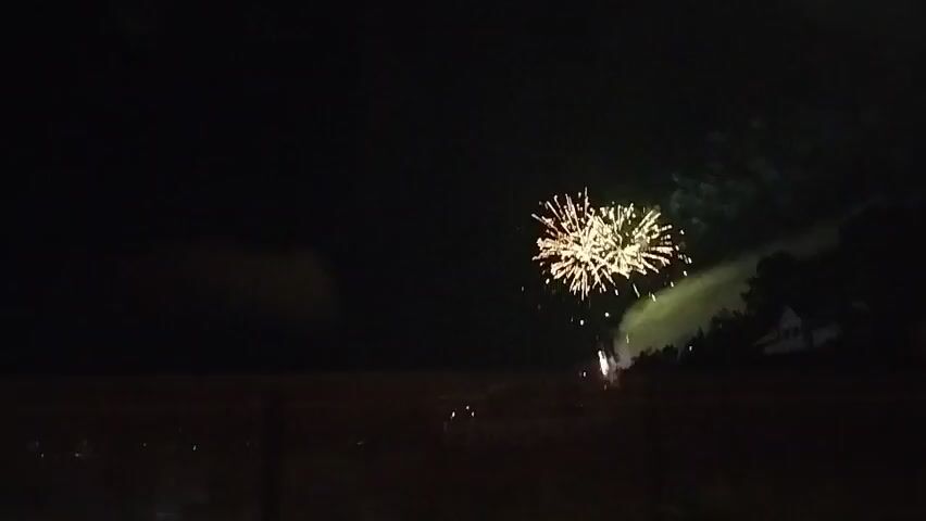 This is a video recording of fireworks being displayed at night. In the foreground, a person is seen from the back, holding a glass. The person is blurred due to motion. In the background, there are multiple fireworks exploding in the dark sky. Some of the fireworks are yellow and white, while others have green and red hues. There are also some faint lights visible on the ground, possibly from houses or streetlights. The scene appears to be outdoors, possibly in a backyard or an open field.
