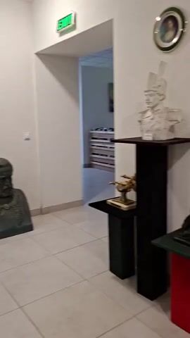 The video pans across a museum or gallery space filled with various busts and paintings. In the first shot, a bust of a man with a beard is visible in the foreground, with other artworks and an open doorway in the background. The camera then moves to show a line of busts and framed artworks displayed on pedestals against a white wall. The next shot continues to pan, revealing more busts and paintings, including what appears to be a framed landscape. The video concludes with a close-up of a bust of a man with elaborate hair and attire, positioned on a black pedestal, with other artworks and a window visible behind it. The environment appears to be well-lit and clean, with tiled floors and neutral-colored walls. No people are visible in the video.