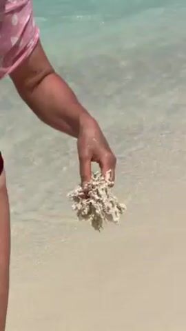 A close-up shot shows two women at the beach examining a clump of white, shell-like material in their hands. The woman on the left, wearing a pink spotted top and maroon bottoms, holds the clump in her left hand and uses her right index finger to point at different parts of it, while the other woman, wearing a white long-sleeved garment, holds the clump in her right hand. The sand appears white and fine-grained, and there is clear, shallow water in the background. The sun shines brightly on the scene.