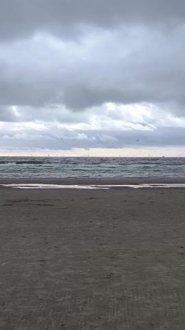 A drone flies over a beach with choppy water and a cloudy sky. The drone is in the upper middle of the frame. The beach is in the foreground, and the water is in the middle ground. The sky is in the background. The drone is black and white. The water is gray and white. The sky is gray. There are wind turbines in the distance on the horizon.