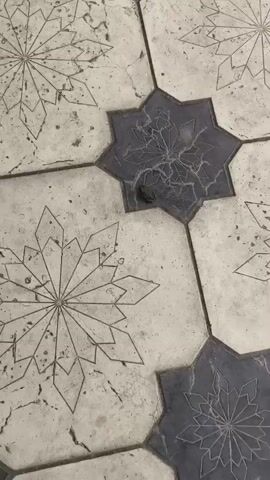 A frog is on a tiled surface. The tiles are a light color with a snowflake-like pattern and darker octagonal tiles with a swirling pattern. The frog is small and dark-colored. The camera is angled down, focusing on the frog.