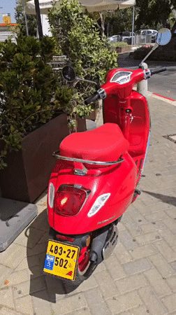 Red Vespa and Hebrew bookshelf spotted in Even Yehuda