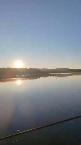 A vertical video begins with a sunrise over a body of water, likely a river or lake. The sun is low in the sky, casting a bright glare on the water's surface, creating a reflection. The sky is clear and blue. On the distant shore, a line of trees and some industrial buildings are visible. A thin layer of mist hovers over the water in the distance. In the foreground, a thick rope runs diagonally across the frame from the bottom left towards the bottom right, suggesting the viewer is on a boat or dock. The camera pans slowly to the right, following the horizon. The video ends with a slightly wider view of the calm water and the distant landscape under the morning sun. There are no people or animals visible in the footage.