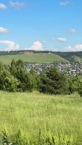 A panoramic shot captures a rural landscape under a bright blue sky with scattered white clouds. In the foreground, a lush, green meadow sways gently. Behind it, a dense line of tall, dark green coniferous trees stands, with a few lighter green deciduous trees interspersed. Beyond the trees, a village with numerous houses, many with red roofs, is nestled in a valley. Further in the distance, a large, rolling green hill dominates the landscape. On the crest of this hill, there appears to be a construction site with some machinery and structures visible. The entire scene is bathed in bright sunlight, indicating it's daytime. The video appears to be taken from an elevated position, looking down and across the valley.