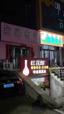 The video shows a street scene at night. There are several businesses with illuminated signs on the left side of the street. A set of stairs leads down to a lower level entrance. A car is parked on the left. On the right side of the street, there is a sidewalk with parked cars and a woman walking away from the camera. The street is paved with cobblestones. Buildings are visible on the right side of the street. The sky is dark.