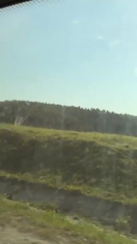 The video shows an outdoor scene through a vehicle windshield. A green field is visible near the bottom, with a dark dirt embankment and some green grass.  In the background there is a line of trees on the horizon under a clear blue sky. The camera appears to be moving as the view shifts slightly.