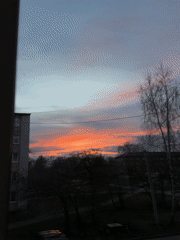 Vibrant sunset illuminates sky over Reshetnikovo, Russia