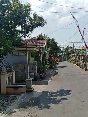 The video shows a short, paved road in a residential area under a partly cloudy sky. On the left side of the road are houses with tiled roofs and green and beige exteriors. Several small Indonesian flags are visible, some attached to poles and others along the houses. Abundant greenery, including trees and flowering plants, lines the road and surrounds the houses. On the right side of the road, there are more houses and fences, also decorated with flags and plants. The road appears to be a quiet street, with no people or vehicles visible. Power lines and poles are strung across the top of the frame. The overall impression is a well-maintained, festive residential street, possibly decorated for a national holiday.