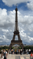 Tourists photograph Eiffel Tower under partly cloudy Paris skies