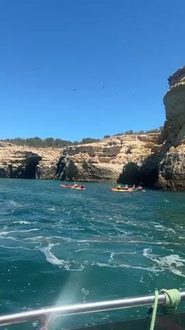 A group of kayakers are paddling in the ocean near a rocky cliff face under a clear blue sky. The kayakers are in several yellow kayaks, each with at least two people. The cliff is light brown and has some vegetation on top. The water is blue and slightly choppy. The video is shot from a boat, with the railing of the boat visible in the foreground.