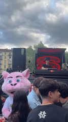 DJ performs outdoor set with pink mascot in Turin