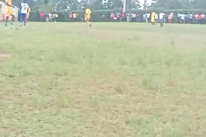 The video shows a soccer game taking place on a grass field. There are several players wearing yellow jerseys and others in white jerseys. The game seems to be in progress near one of the goals, with players actively moving and appearing to be attempting to score. A few spectators are visible standing on the sidelines. In the background, there are trees and a small building. The sky is partly cloudy. The camera angle is from the side of the field, providing a wide view of the game.
