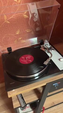 The video shows a close-up of a black TEAC record player with a vinyl record playing. The record has a red label with text that is mostly illegible due to being partially out of focus and the angle. The tonearm is positioned over the spinning record. The record player is on a wooden stand with black metal legs, and a black electronic device with a blue display labeled "IOTAVX" is visible on the lower shelf. The background consists of a textured, reddish-brown wallpaper with a repeating pattern of gold-colored leaves. The lid of the record player is open, showing its clear plastic cover. The lighting appears to be artificial, casting subtle reflections on the record player's surfaces. There are no people visible in the video. The action consists solely of the record spinning and the needle tracking the groove.