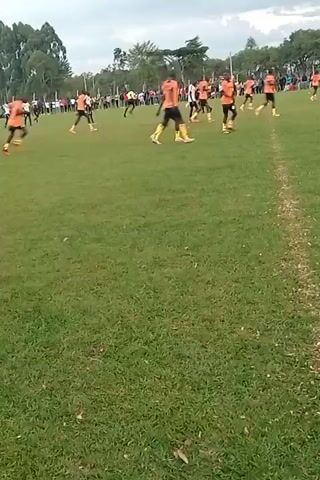 The video shows a soccer match taking place on a green field, under a cloudy sky. Numerous players are visible, some wearing orange jerseys with black shorts and others in white jerseys with black shorts. They are spread across the field, engaging in the game. In the background, there is a crowd of spectators standing along the sidelines. Trees are also visible in the background.