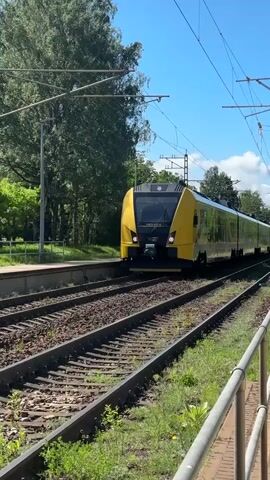 The video shows a yellow VLT train, labeled 16EV-0014, moving along tracks at a station on a sunny day. The train approaches the viewer at a moderate speed. Wires run above the train tracks. Trees and grass surround the train tracks. A gray metal railing is visible in the foreground. The sky is blue with a few white clouds.