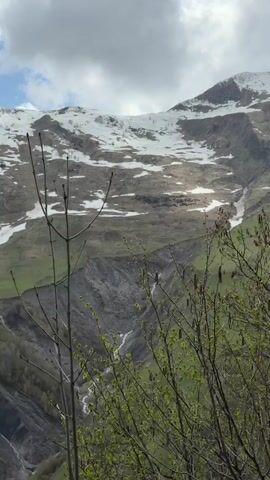 The video shows a mountain range on a partly cloudy day. The mountains are covered in snow at the top, with patches of snow scattered down the sides. The lower slopes are covered in green grass and vegetation. A rocky, gray ravine cuts through the green landscape. A small stream runs through the bottom of the ravine. The camera pans slightly to the right, revealing more of the mountains and sky. A tree branch in the foreground moves slightly in the wind. The view appears to be from inside a vehicle. A red and white object briefly appears in the bottom right of the frame.