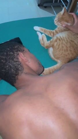 Here's a description of the video:

A man is lying on his stomach on a green surface with a smartphone lying on his back near his head. An orange tabby cat is lying on his back, and the man is gently stroking its head and neck. The cat appears relaxed with its eyes closed. The setting appears to be indoors with tile flooring. A metal rack or appliance can be seen in the background.