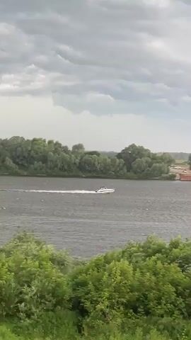 A speed boat is moving quickly across a wide river. The boat is white with a dark stripe and is leaving a white wake behind it. The river is dark gray and choppy. On the far bank of the river, there is a line of green trees and some buildings. The sky is cloudy and gray. In the foreground, there are green trees and grass.