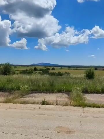 The video shows a landscape scene from a vehicle's perspective. The foreground features a cracked, paved surface, likely a road or path, with some scattered debris. Beyond this, a field of dry, yellow grass and green vegetation stretches towards a line of trees and bushes. In the distance, a hazy blue mountain range is visible under a bright blue sky dotted with fluffy white clouds. The camera appears to be panning slightly or the vehicle is in motion, giving a sense of movement through the environment. There are no people or animals visible in the frame. The overall impression is a natural, somewhat arid landscape on a sunny day.