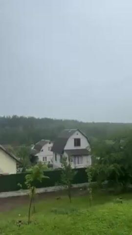 Here is a description of the video:

The video shows a residential neighborhood, potentially a suburb, on a cloudy day. The scene opens with a view of several houses, varying in color and architectural style, surrounded by green lawns and fences. In the background, a dense forest stretches across the horizon, contributing to a tranquil setting. 

As the video progresses, the camera pans to reveal a wooden gazebo in the foreground. The gazebo features a metal roof and light gray curtains draped around its open sides. The curtains billow gently in the breeze, suggesting a mild wind. Inside the gazebo, a dark-colored seating area with cushions can be seen. The gazebo is adorned with decorative heart-shaped embellishments. The overall environment of the video conveys a sense of peace and seclusion in a residential area with nature nearby.