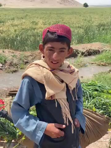 A young boy, appearing to be in his early teens, is featured in a close-up, waist-up shot in an outdoor, rural setting in Ashoqah, Afghanistan. He wears a traditional red, intricately patterned cap and a light beige scarf draped around his neck, over a blue long-sleeved shirt and a dark vest. His face shows dirt marks, possibly from work.

Behind him, a green field of crops, likely wheat, stretches into the distance, with a small stream or irrigation canal running parallel to the boy. Distant, arid hills are visible under a clear, bright sky, indicating sunny weather during the daytime. To the boy's right, a large, dark-colored bag or bundle of green plant material is visible, suggesting agricultural activity.

The boy looks directly at the camera with a somewhat shy or uncertain expression. He then brings his right hand to his mouth, possibly eating something or adjusting the scarf, while making an audible "ooh" sound. The scene captures a momentary interaction in what appears to be an agricultural landscape. No visible text is present in the video.