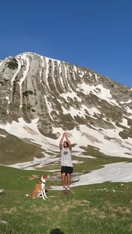 The video shows a man doing a backflip in a mountainous, grassy area with patches of snow and a small body of water. The background is a large mountain with visible rock formations and snow cover. A brown and white dog is sitting in the foreground, observing the man. After the backflip, the man lands on his hands and knees, stands up, smiles, and begins to speak. The video then shifts perspective, showing the man from the dog's point of view. The man is wearing a grey t-shirt, black shorts, and tennis shoes. His hair is pulled back in a bun.