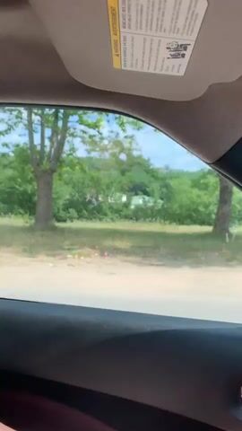 The video shows a view from inside a vehicle, looking out a window at a landscape. The window is partially obscured by the car's interior, including part of the sun visor and the door panel. The view outside is a rural or semi-rural setting with greenery and a building in the distance. There is a road or dirt path in the foreground, with grass and trees. A light-colored building with a green roof is visible amongst the trees on a hill in the background. A single light pole is also visible on the left side of the frame. The sky is blue with some clouds. The perspective suggests the vehicle is moving.