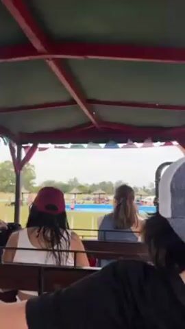 The video shows a group of people riding in a trolley pulled by a tractor through an outdoor park.  The trolley has a red frame and green roof decorated with colorful flags. The riders sit on wooden benches. The view from the trolley reveals a swimming pool area with people swimming and sunbathing, palm trees, and other park amenities. The sky is overcast. The camera focuses on the people riding in the trolley, showing their backs and sides as they look out at the scenery. The tractor driver wears a black hat and white shirt and is seen operating the vehicle. The ride appears to be slow and leisurely, allowing the passengers to take in the sights of the park.