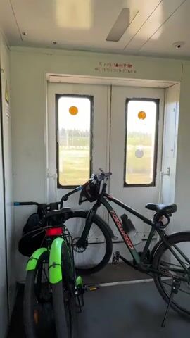 Inside a train car, two bicycles are leaning against the closed doors. One is a dark green mountain bike with the brand name "FORWARD" visible on the frame. The other bike is a brighter green color, with a black bag attached to it. The doors have two small windows, and a sign in Russian is visible above them. Through the windows, a landscape of fields, trees, and a body of water can be seen. The inside of the train car appears clean and simple.
