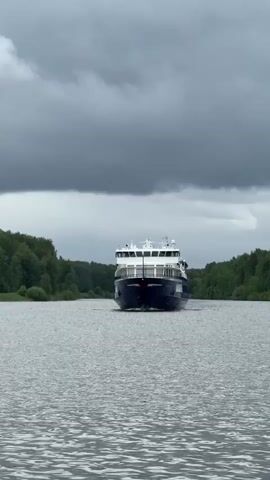 A large cruise ship is seen approaching on a body of water on a cloudy day. The ship is dark blue with white railings. The water has slight ripples. The banks of the river are lined with lush green trees. The sky is overcast with heavy gray clouds.