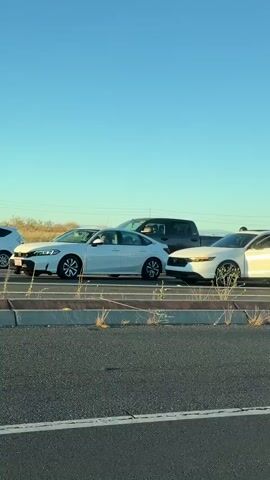 The video shows a road scene with several white cars and people. The cars appear to have been involved in a collision as they are positioned closely together and some have doors open. Three men and two women are visible, some standing near the damaged vehicles and others interacting with each other. The environment is outdoors, with a clear blue sky and a dry, grassy median separating the road from the cars. The overall impression is that of a traffic incident with people assessing the damage and possibly exchanging information.