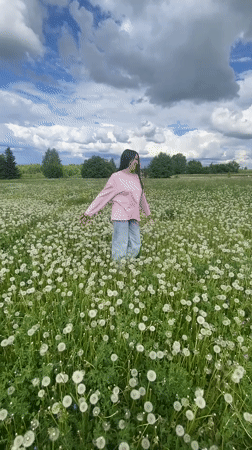 Woman walks through Russian dandelion fields on spring morning