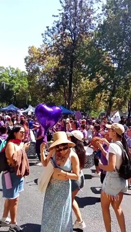 Here is a forensic description of the video:

The video shows a large crowd of people gathered outdoors. Many are wearing purple clothing. Some are holding a large purple, heart-shaped balloon. One person is wearing a rainbow scarf. In the foreground, a woman wears a straw hat and a dress, and has the words “Mariam Lopez” written on her chest. There are a few tents set up in the background. People appear to be participating in a protest or march. Drums provide music for the event.  The weather is sunny, and tall trees surround the scene.