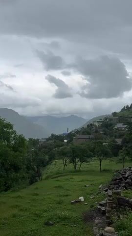 A vertical, outdoor shot captures a rural village nestled in a valley under a cloudy, overcast sky. The foreground features a grassy slope with scattered rocks and the base of a stone wall. A dark-colored animal, possibly a cow or bull, stands on the grassy incline. Further up the slope, trees dot the landscape, and houses with dark roofs are visible, clinging to the hillside. The background reveals more houses, more trees, and a mountain range disappearing into the mist. The overall atmosphere is serene and slightly somber due to the weather.