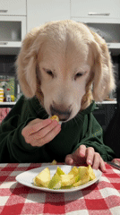 Dog in hoodie staged eating at table in Tbilisi