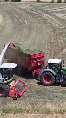 This media file depicts an agricultural scene in Leudelange, Luxembourg. The primary subjects are two large pieces of farm machinery: a green and white forage harvester and a green tractor pulling a red trailer. The forage harvester, identified by the "CLAAS JAGUAR" text visible on its side, is actively chopping and loading cut grass into the trailer. The tractor appears to be positioned to receive the material from the harvester.

The setting is a large, open field with rows of cut grass indicating recent harvesting activity. The field stretches into the background, showing gentle slopes and a treeline in the distance. The sky is bright and appears to be a clear day, suggesting daytime operation. The overall atmosphere is one of busy agricultural work. The focus is on the machinery and the process of harvesting, with no people clearly visible within the frame. The red trailer has some text on its side, but it is not legible. The scene conveys efficiency and the scale of modern farming operations.