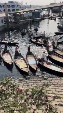 From an elevated perspective, the video displays a harbor scene filled with small boats. These vessels, primarily wooden, are closely packed together, some carrying individuals who are actively rowing. The water reflects sunlight, creating a sparkling effect. Along the edge of the harbor, a stone embankment is visible, partially covered with vegetation. In the background, a pier structure and a larger vessel are discernible, suggesting a bustling waterfront environment.