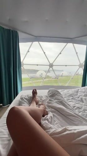 Tourist stays at geodesic dome accommodation in Zarubino, Russia