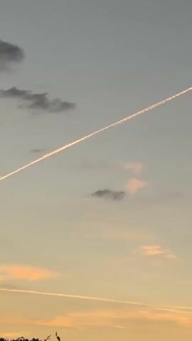A video shows a plane's contrail stretching across a pale blue sky at dusk. The contrail is a bright white line with a faint pinkish hue, indicating the setting sun's light reflecting off the ice crystals. Scattered across the sky are small, wispy clouds, some tinged with pink. Towards the bottom of the frame, the dark silhouette of a tree is visible against the lighter sky. The camera is still.