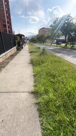 The video begins with a shot of a sidewalk next to a grassy area and a street. The sidewalk is made of concrete and there is a black metal fence on the left side of the screen. Beyond the fence, there is a tall, reddish-brown building. The street has a few cars and trees lining it. The sky is blue with some white clouds.

The camera then pans to the right, showing a street with more trees and buildings. A lamppost is visible in the middle of the frame. The sun is shining brightly.

The camera then shows two people walking on a sidewalk. A man in the foreground is wearing a black tank top and a necklace. He has tattoos on his chest and arm. A woman in the background is wearing a light brown hoodie and brown pants. They appear to be walking together.

The video then shows a brief, blurry shot of the sky and buildings. The video ends.